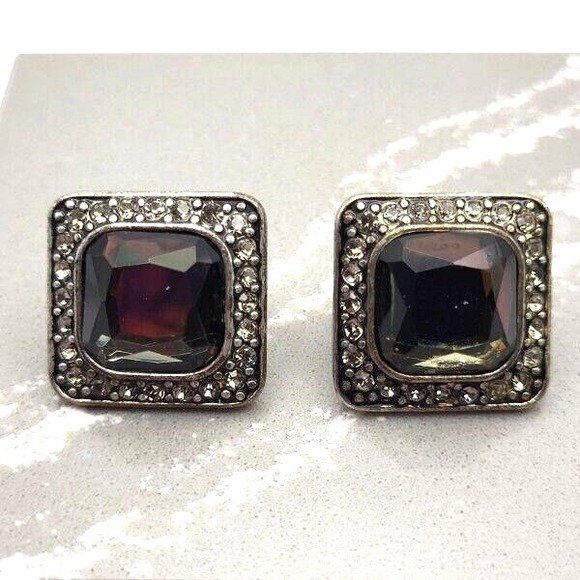 Vintage Golden-Green Stone Framed in Rhinestones Set in Silvertone Post Earrings - Picture 2 of 5